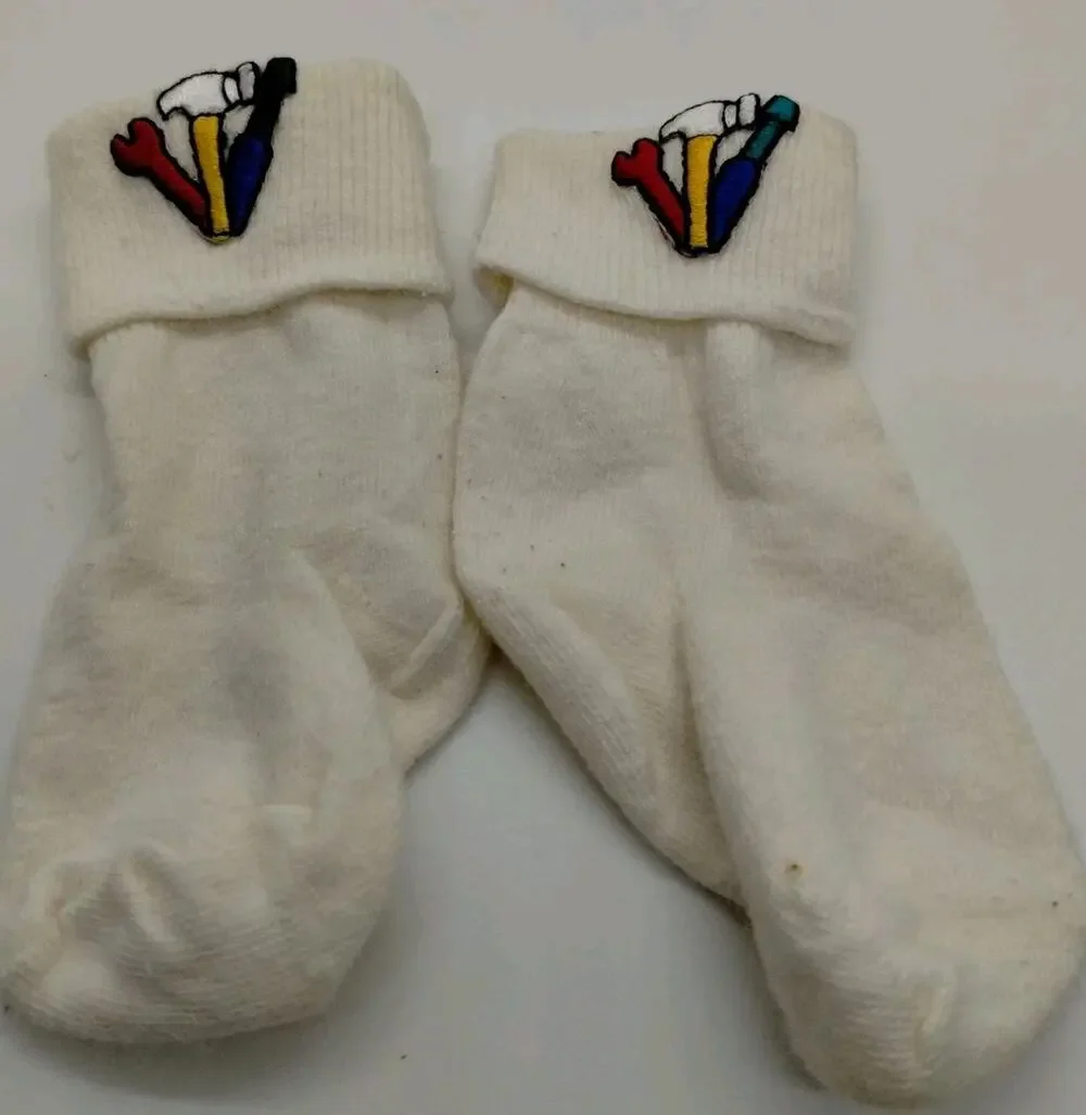 Vintage Socks/Booties - Tools Appliques - 0-3 Mos - Hammer Wrench Screwdriver